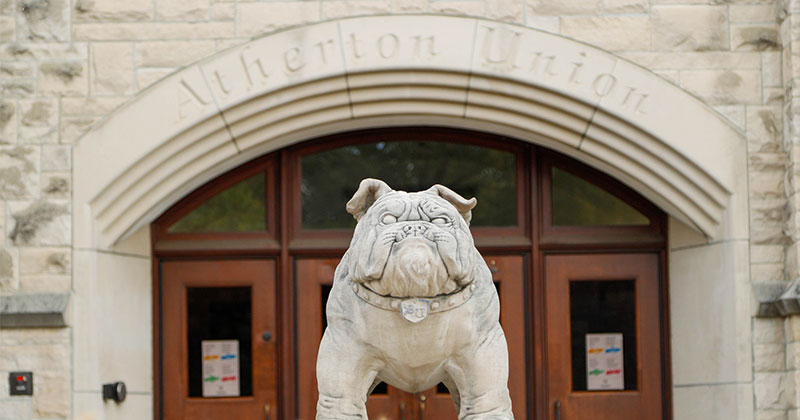 Concrete bulldog statue outside Atherton Union